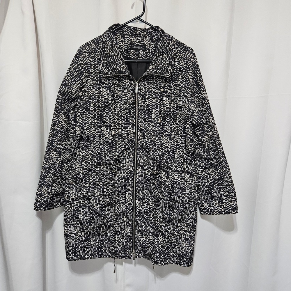 Conrad C Collection Black White Geometric Zip Up Drawstring Jacket Womens 12